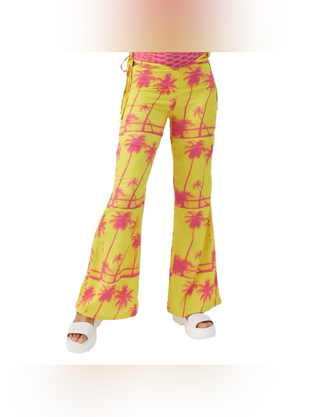 Urban Outfitters Size 0 UO Sunny Cut Out Flare Pink Palm Print V Waist Pants